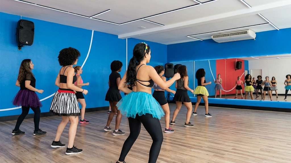 Turma participando de uma aula de Fit Dance na Rayafit